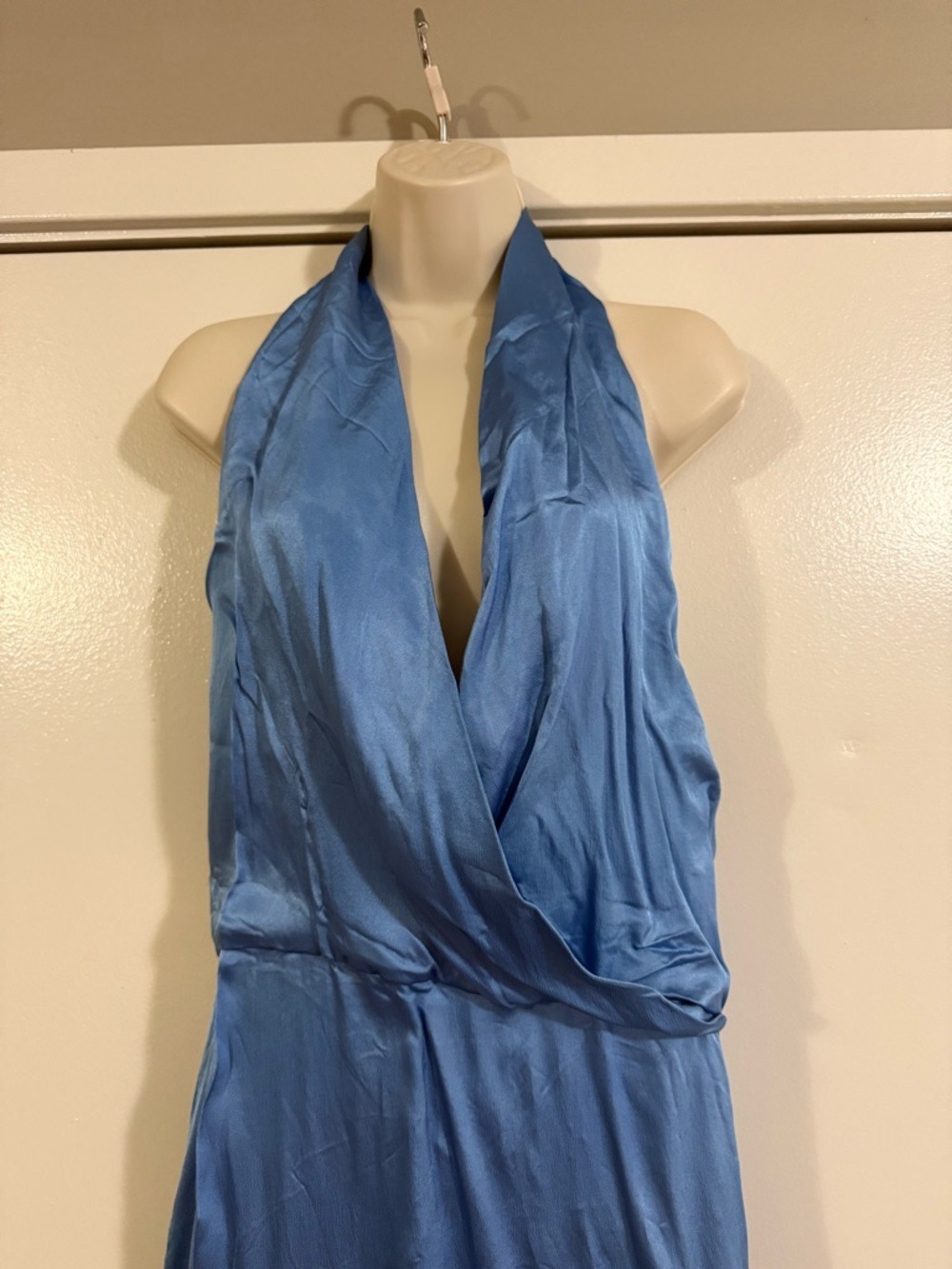 Zara Satin Effect Midi Dress Blue Plunge Wrap Halter Blogger Favorite XXL NWT - Picture 3 of 16